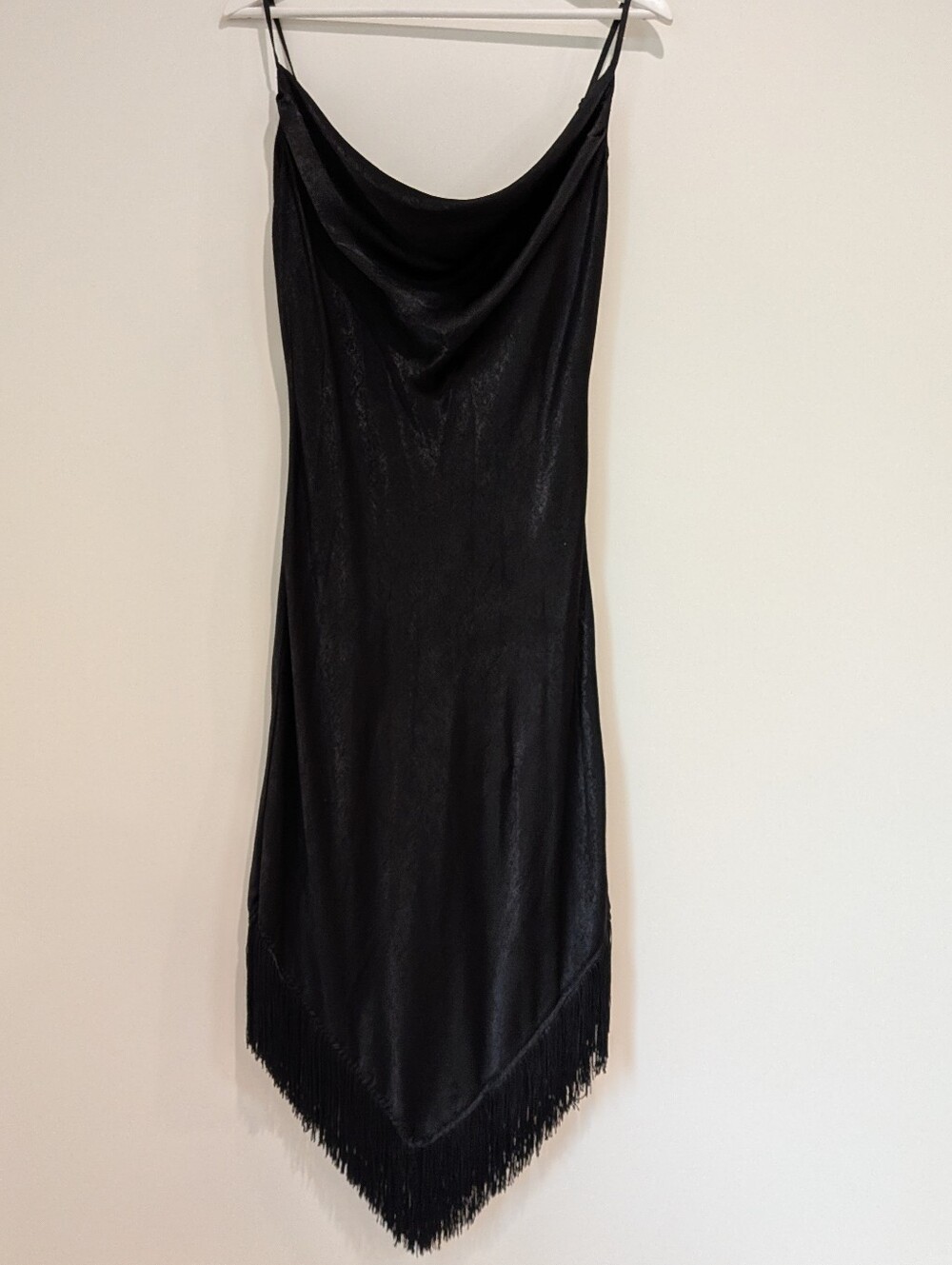 Thirty Thirty Black Cowl Neck Fringe Sleeveless Slip Dress (large) Dark Romance